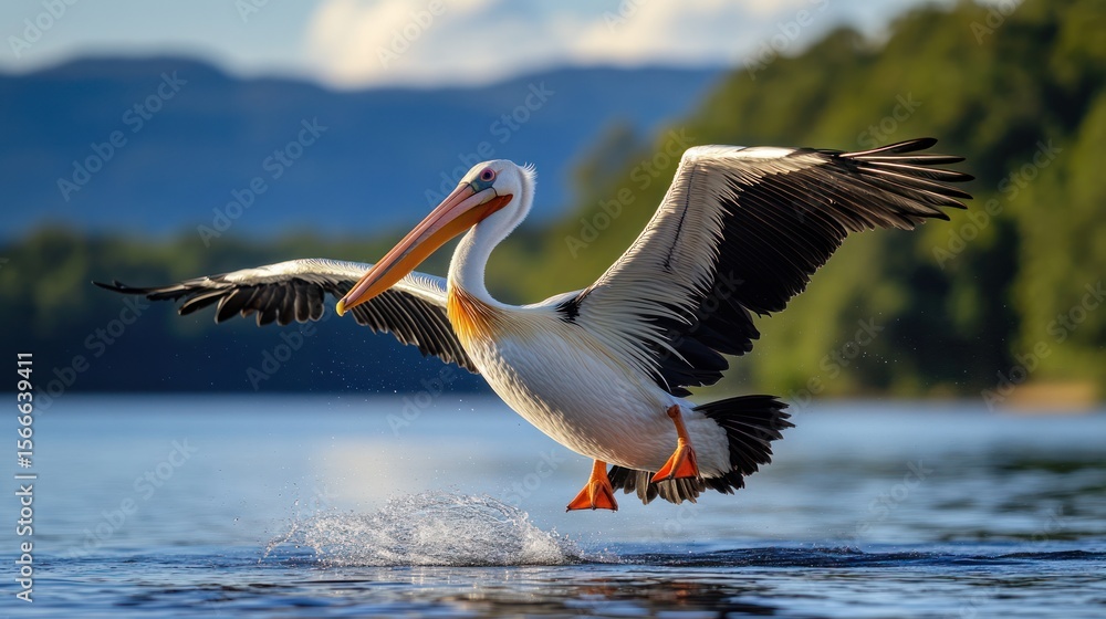 Obraz premium Pelican in mid-flight landing on water