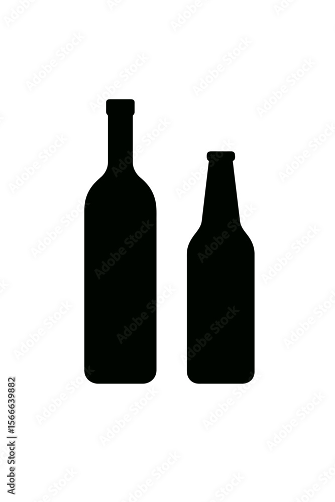 very simple flat and single minimalist Wine and Beer Bottle Silhouettes in black on a white background very simple flat and single minimalist Wine and Beer Bottle Silhouettes in black on a white background