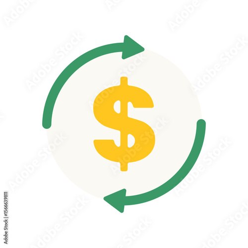 Business currency exchange illustration, depicting money transfer and financial transaction with a dollar sign and green circulating arrows.
