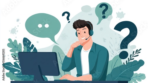 A young man sits at a computer, wearing a headset, contemplating questions