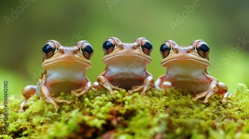 Three adorable brown frogs on mossy surface, focused, with a vibrant green backdrop