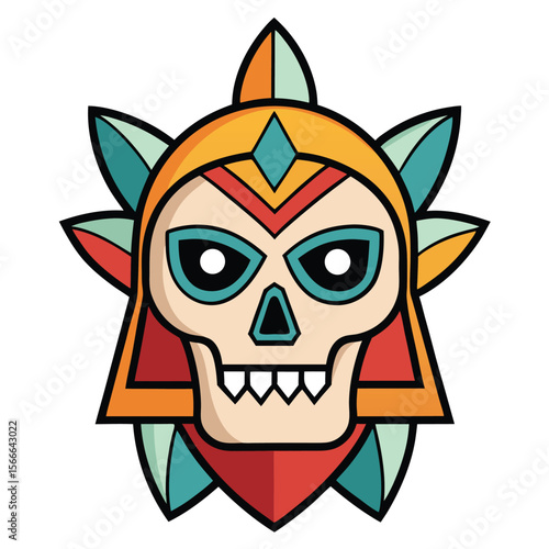 Stylized Skull Warrior Emblem with Colorful Headdress	