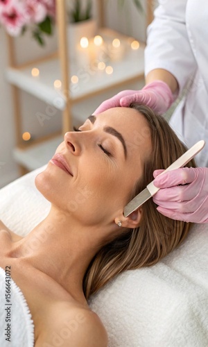 young woman getting spa treatment, Woman receiving dermaplaning treatment, blade carefully gliding on cheek area.