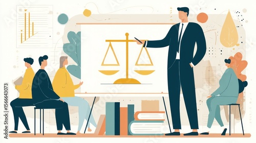 Business presentation on legal principles. A man in a suit leads a training session for a group of people, centered around a projected image of a balance scale