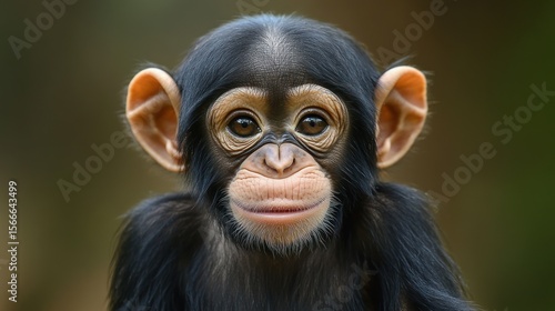 Head-on portrait of a cute, dark-haired chimpanzee baby against blurred foliage