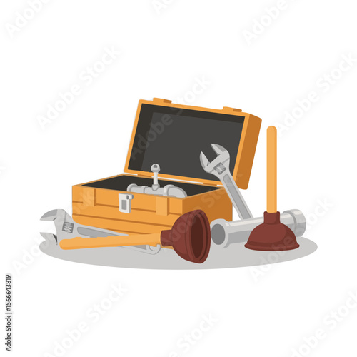 Open Toolbox with Plumbing Tools Arranged in Symbolic Layout, Flat Vector Icon