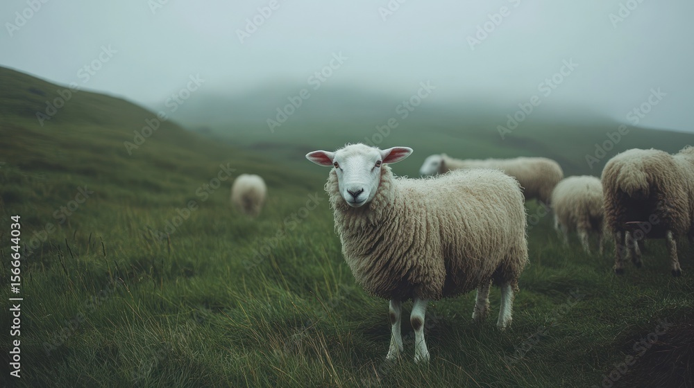 Fototapeta premium Sheep grazing in a misty landscape