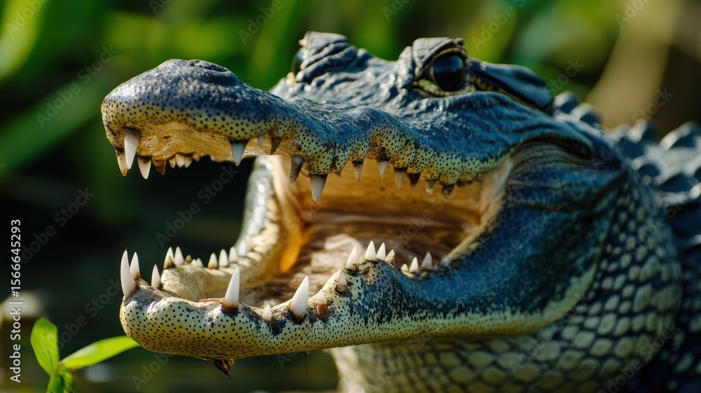 Fototapeta premium Alligator close-up with open mouth showing teeth, swampy, green background, scaled skin