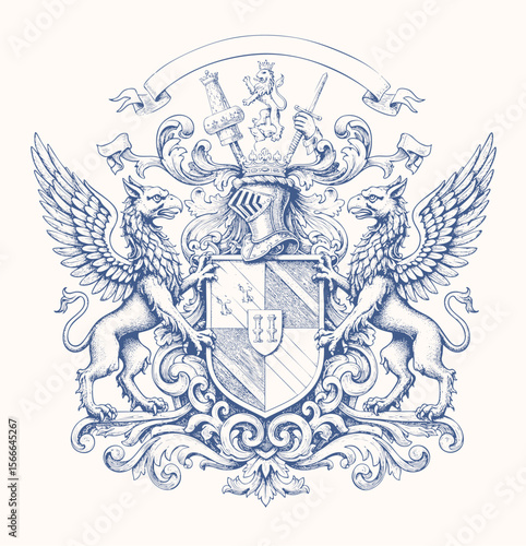 Vintage heraldic crest with two griffin flanking ornate frame, floral top, detailed line engraving victorian style
