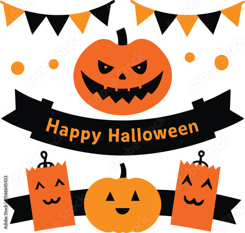 happy Halloween text and banner design and elements design  or ribbon set vector and illustration