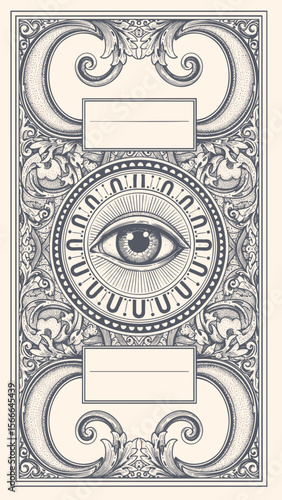 Intricate vintage engraving of an all-seeing eye surrounded by ornate floral baroque patterns, symmetrical layout, detailed linework, mystical symbolism