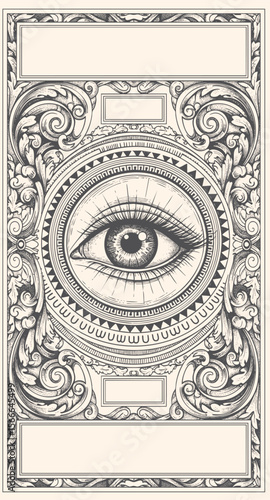 Intricate vintage engraving of an all-seeing eye surrounded by ornate floral baroque patterns, symmetrical layout, detailed linework, mystical symbolism