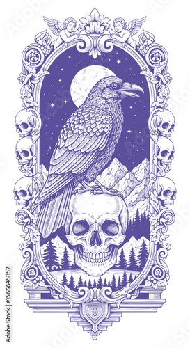 Highly detailed gothic engraving illustration of a raven perched on skull, ornate vintage frame with skulls, cherubs, moon, mountains, forest background