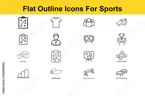 Collection of Flat Outline Sports Icons Representing Various Activities and Equipment for Fitness and Recreation