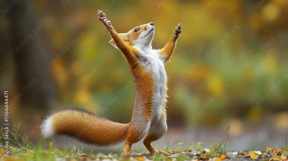Obraz premium Orange squirrel stands on hind legs, arms raised in supplication against muted foliage
