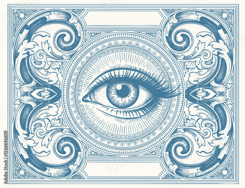 Intricate vintage engraving of an all-seeing eye surrounded by ornate floral baroque patterns, symmetrical layout, detailed linework, mystical symbolism