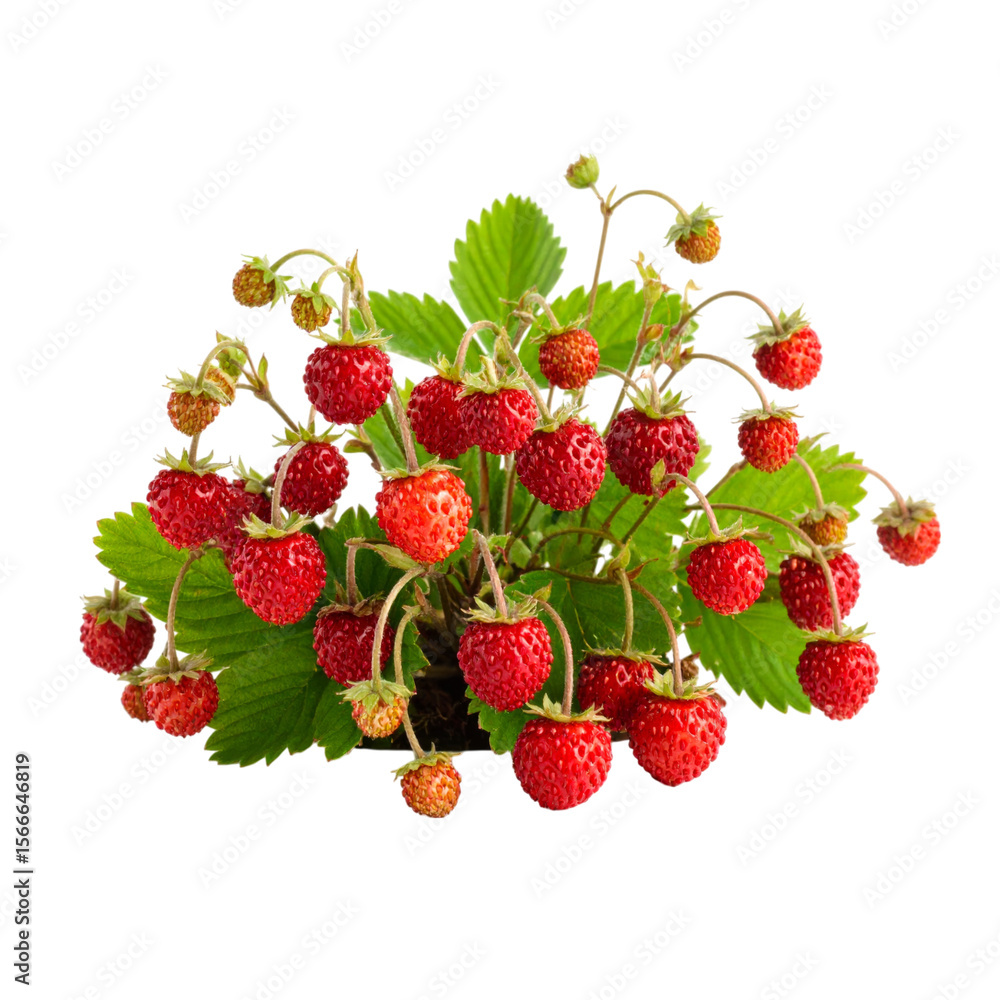 A cluster of ripe wild strawberries with green leaves and stems, showcasing vibrant red fruits in various sizes. A cluster of ripe wild strawberries with green leaves and stems, showcasing vibrant red fruits in various sizes.