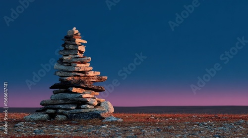 Generic stone cairn on Nunavut tundra (non-cultural): midnight sun horizon glow with minimalist composition