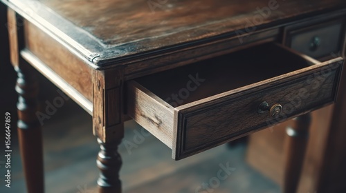A close-up image of an antique wooden table with one drawer partially open, showcasing the aged wood texture and craftsmanship details.
