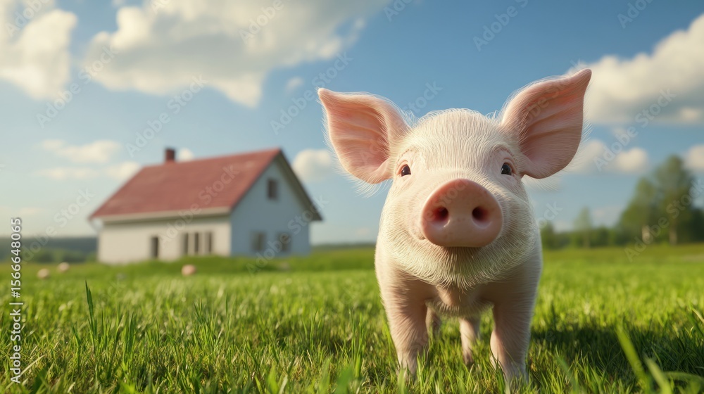 Cute piglet stares forward on a grassy field, with a house visible in background Cute piglet stares forward on a grassy field, with a house visible in background