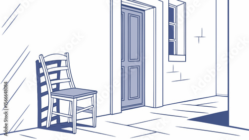 Illustration of a chair outside a building with door and window drawing vector design art 100