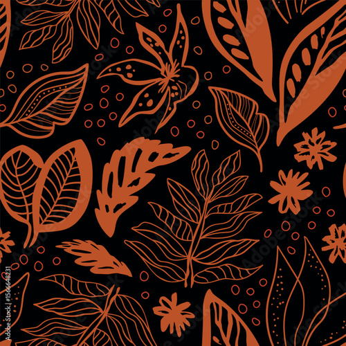 Autumn dark floral leaves seamless pattern. Cute hand drawn fall foliage, leaves shapes and silhouette on black repeat background, wallpaper. Tropical nature. Vector botanical textile design, print.