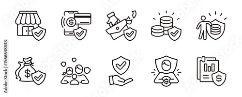business protection insurance shield icon line set financial online money life guard accident safety assurance checkmark signs vector illustration for web and app