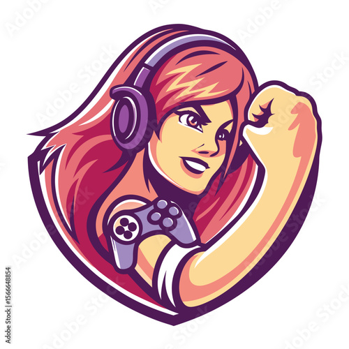 Energetic gamer girl with headphones and controller