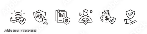 simple financial insurance money shield protection icon line set online life assurance business accident guard compensation service signs vector outline illustration