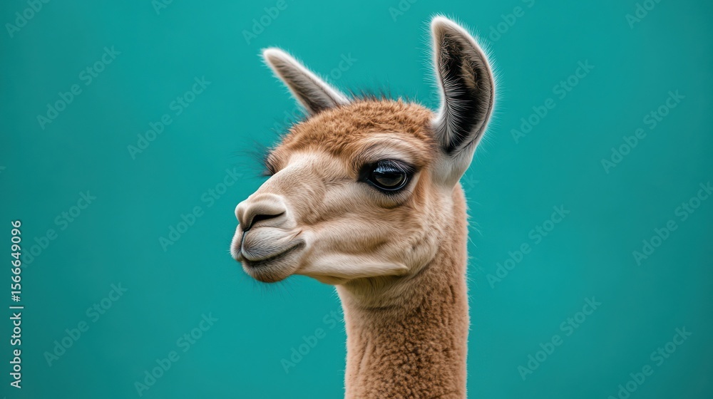 Obraz premium Close-up profile of a brown guanaco against a solid turquoise background
