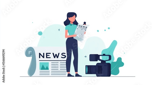 A woman news reporter holding a newspaper and a camera