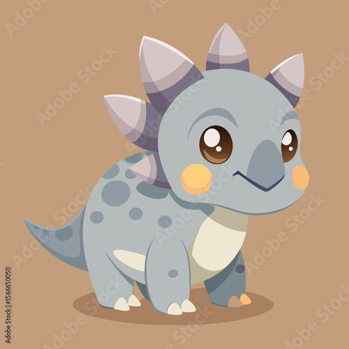 Cute Cartoon Triceratops Illustration in Light Grayish Tan