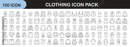 Vector Line Icons of Clothing Items Pack, Set of 100 black and white line icons depicting various clothing items like shirts, dresses, pants, and jackets for design projects.