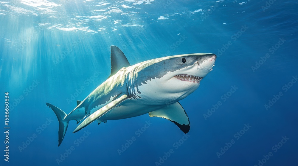 Fototapeta premium Menacing great white shark swims in clear blue ocean waters, sunlight beaming from above