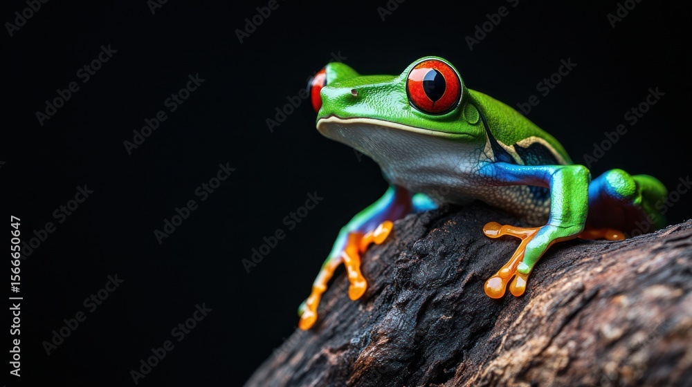 Vibrant frog perched on dark wood Vibrant frog perched on dark wood