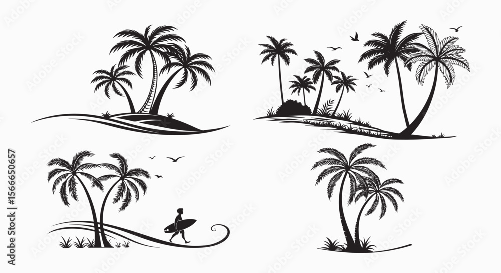 4 Tropical Paradise Silhouettes: Island Life Scenes with Palm Trees, Surfers, and Coastal Vibes in Black and White Vector Art. 4 Tropical Paradise Silhouettes: Island Life Scenes with Palm Trees, Surfers, and Coastal Vibes in Black and White Vector Art.