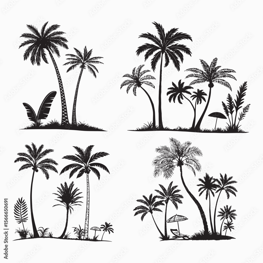 Fototapeta premium 4 Silhouetted Palm Tree Illustrations - Tropical Beach Scenes for Creative Projects Summer Vibes Coastal Designs and Vacation Inspirations