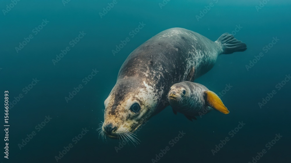 Naklejka premium An underwater shot of a large adult seal swimming alongside its much smaller pup, both appearing healthy and in their natural environment. The water is a deep teal