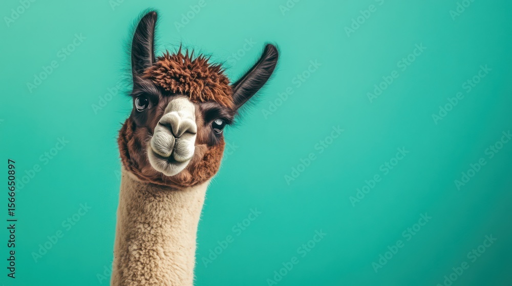 Obraz premium Close-up portrait of a brown and white llama against a teal background, its head tilted slightly to the side, displaying a curious and slightly skeptical expression