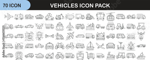 Vehicles Icon Pack Featuring 70 Transport Illustrations - Set of 70 outlined vehicle icons showing land, air, and sea transportation including cars, trucks, aircraft, and ships.