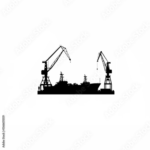 A shipyard with vessels being built silhouette on white background