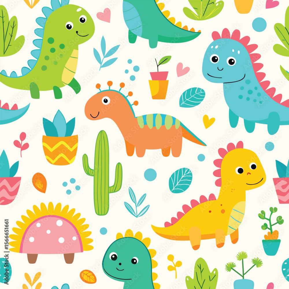 Obraz premium Cute Cartoon Dinosaur Seamless Pattern Design