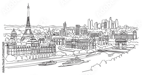 paris city cityscape one continuous line drawing vector illustration