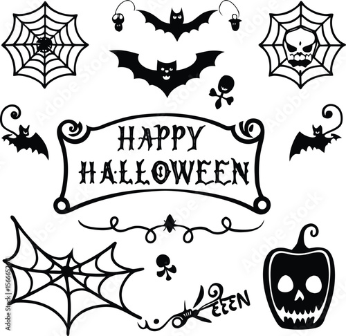 happy Halloween text and banner design and elements design  or ribbon set vector and illustration