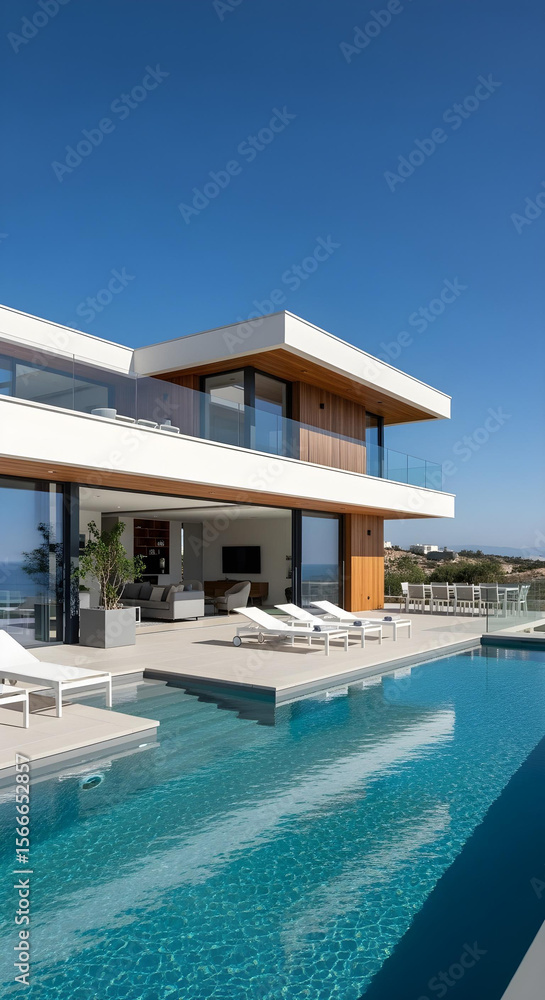 Fototapeta premium Modern summer villa with infinity pool and rooftop terrace view 