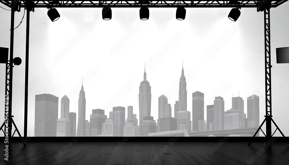 Obraz premium stage city's urban skyline with towering skyscrapers background, a striking black silhouette illustration