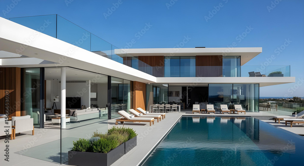 Fototapeta premium Modern summer villa with infinity pool and rooftop terrace view 