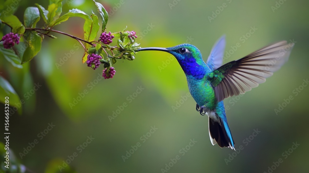 Fototapeta premium Vibrant hummingbird in flight, feasting on flowers