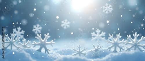 A highly detailed macro view of symmetrical, pristine white snowflakes on a seamless cool blue and white backdrop. Each unique crystal is highlighted by soft, diffused light, creating a serene winter 