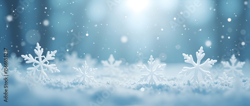 A highly detailed macro view of symmetrical, pristine white snowflakes on a seamless cool blue and white backdrop. Each unique crystal is highlighted by soft, diffused light, creating a serene winter 